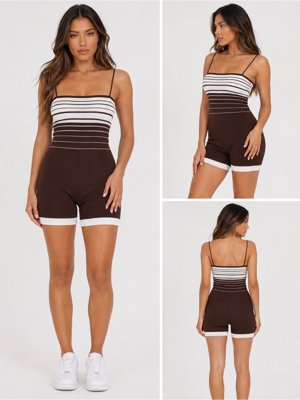 Striped Knit Spaghetti Strap Romper in Brown & White